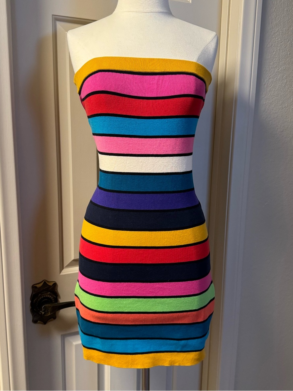 French Connection Striped Luxury Knit Strapless Bodycon Dress - Vibrant Rainbow